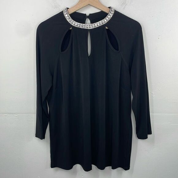MOA MOA Black Rhinestone Neckline Blouse Cutout Neckline Glam Goth 3/4 Sleeve 1X - Picture 1 of 12